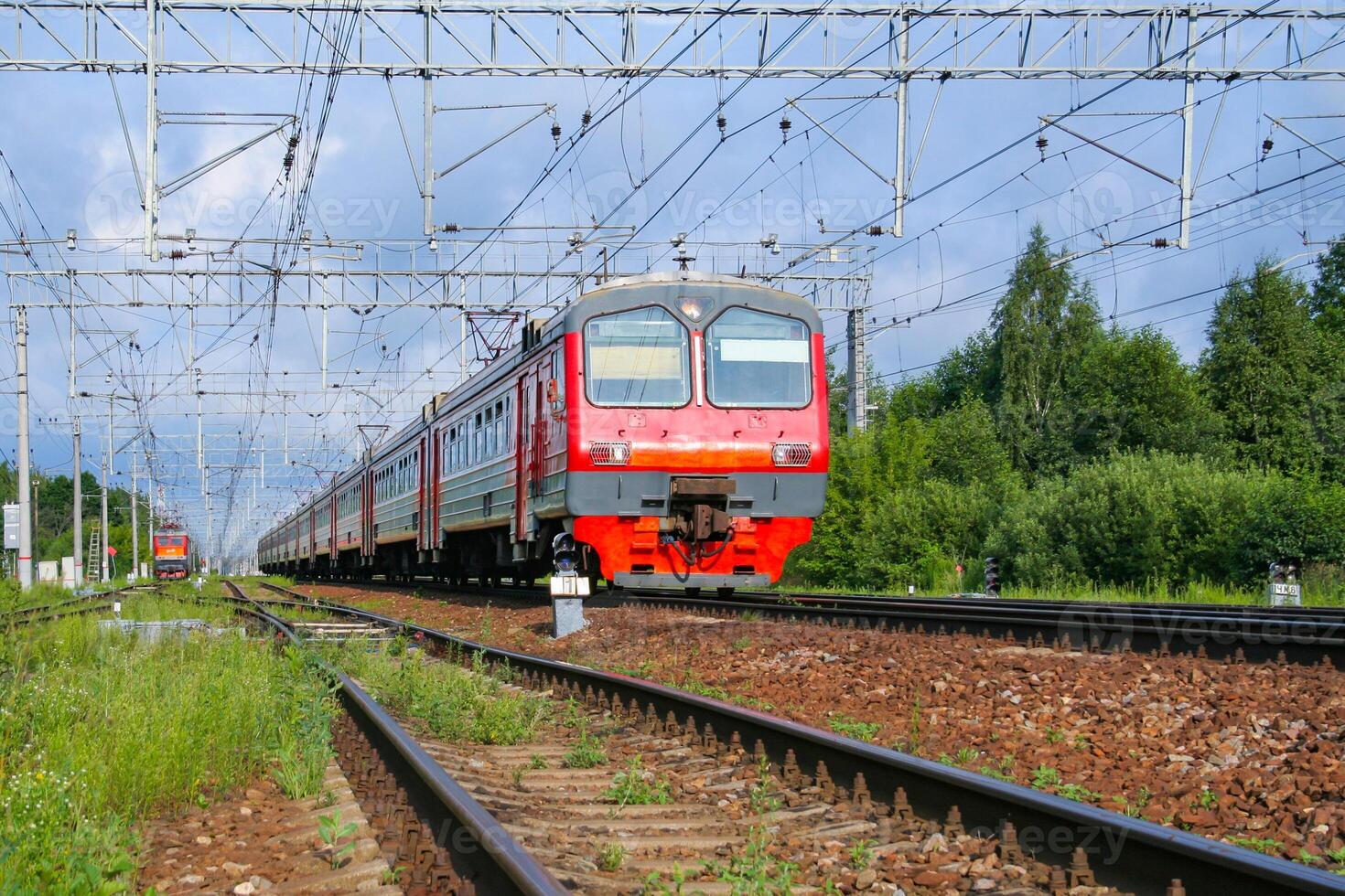 Red passenger electric train moves against the background of green trees photo