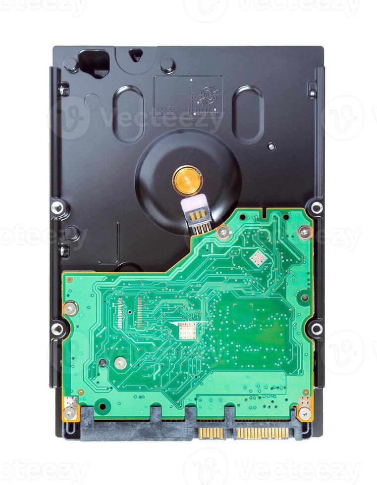 Top view of a hard drive isolated on a white background. Computer hardware photo