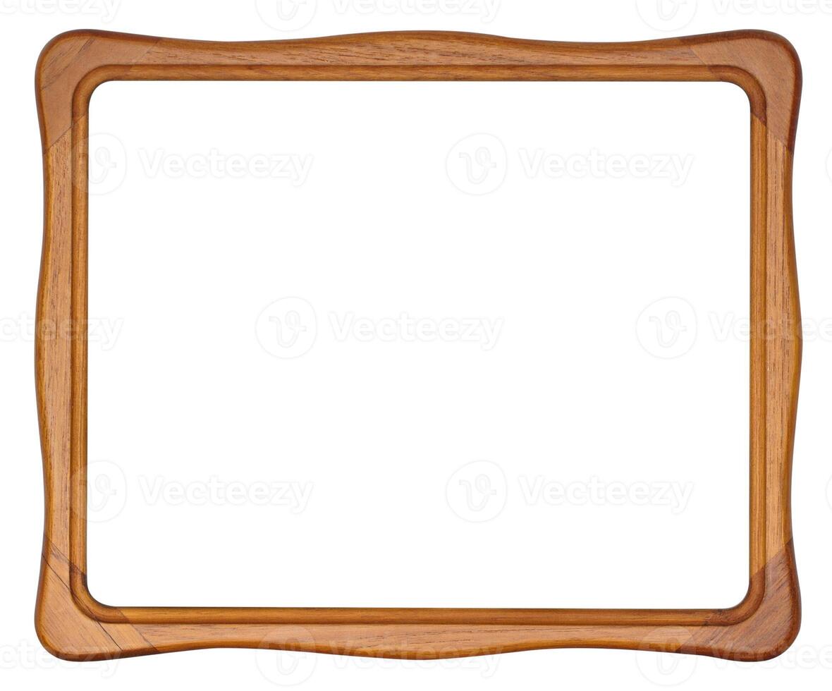 Natural wooden picture frame with bends and rounded corners isolated on white background photo