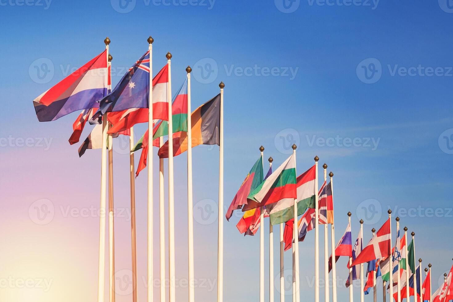 Flags of different countries against a sunlight photo
