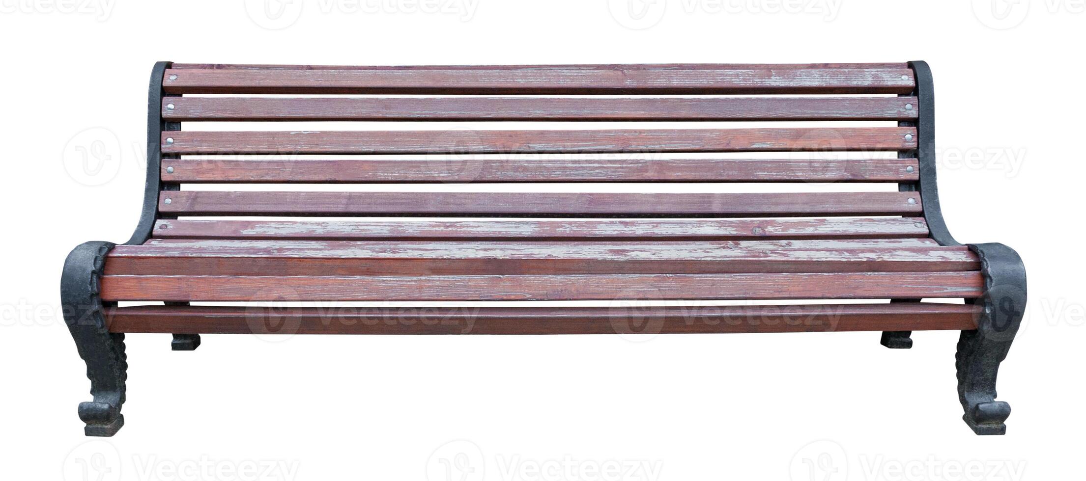 Old shabby brown wooden bench with black metal curved legs and backrest, isolated on a white background photo