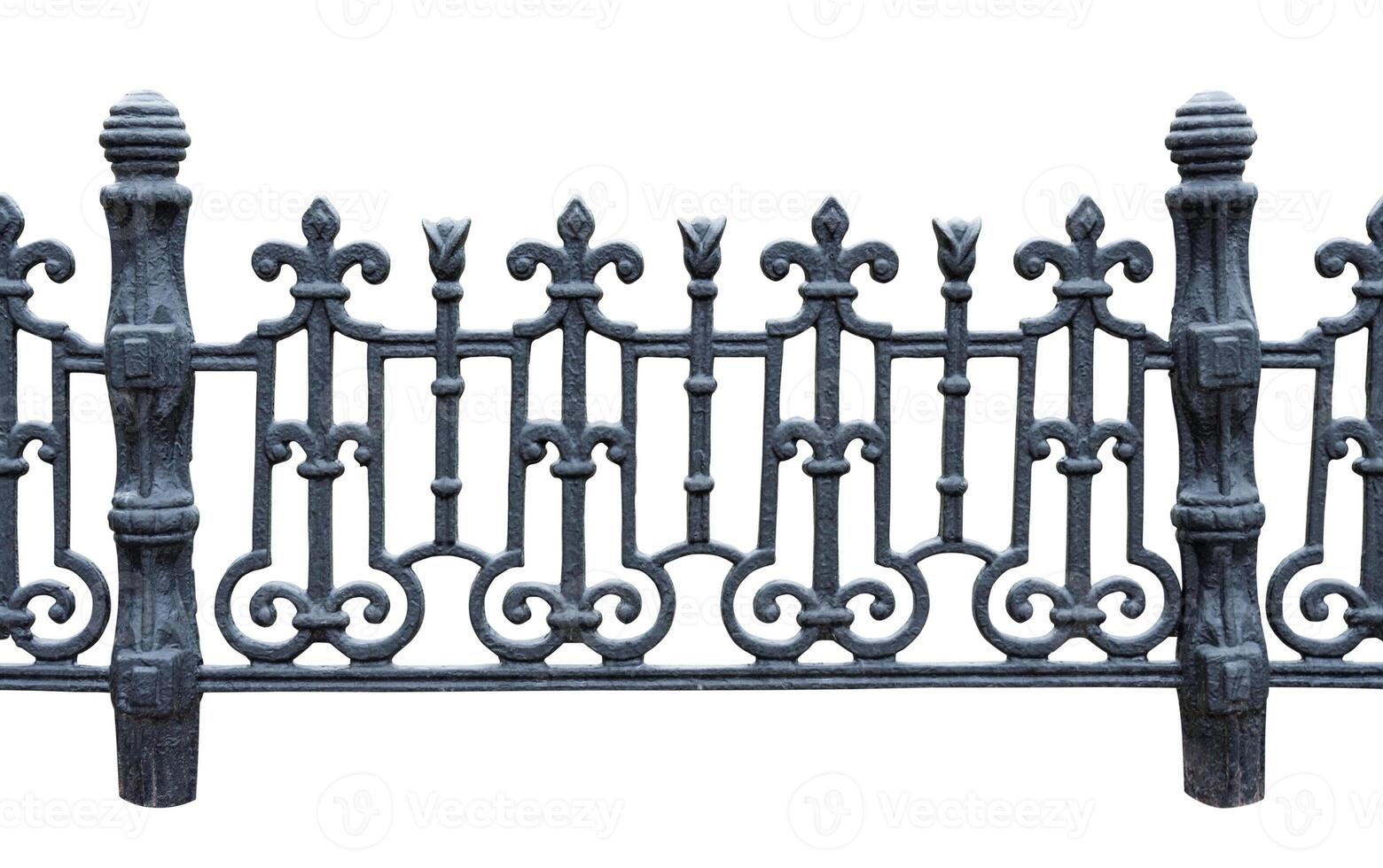 Black metal fence with decoration, isolated on white background photo