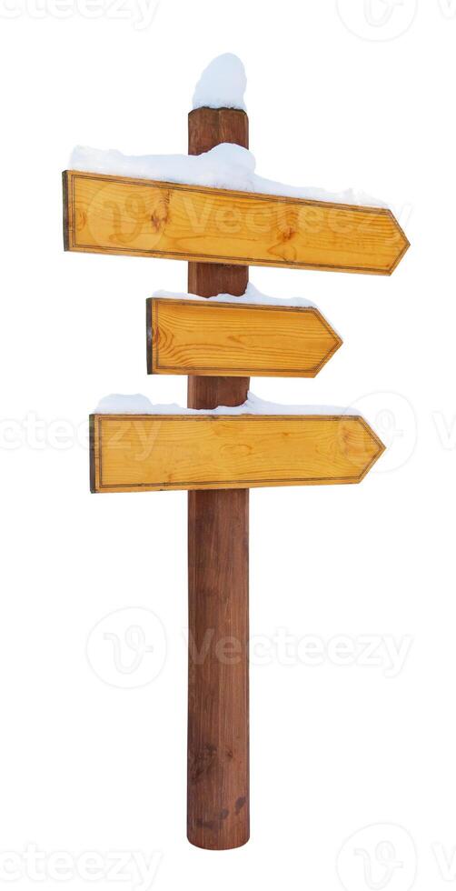 Wooden directional arrows on a post, covered by snow, isolated on white background photo