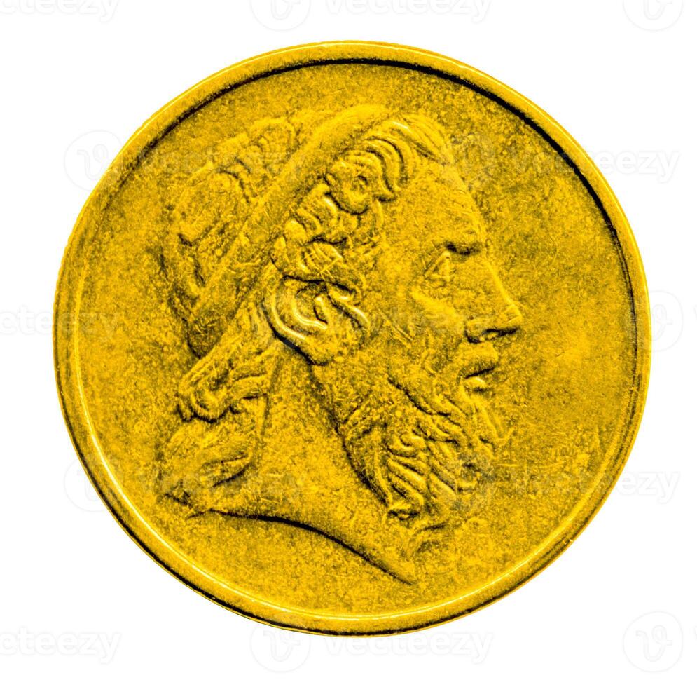 Gold coin with the image of the antique profile isolated on white background photo