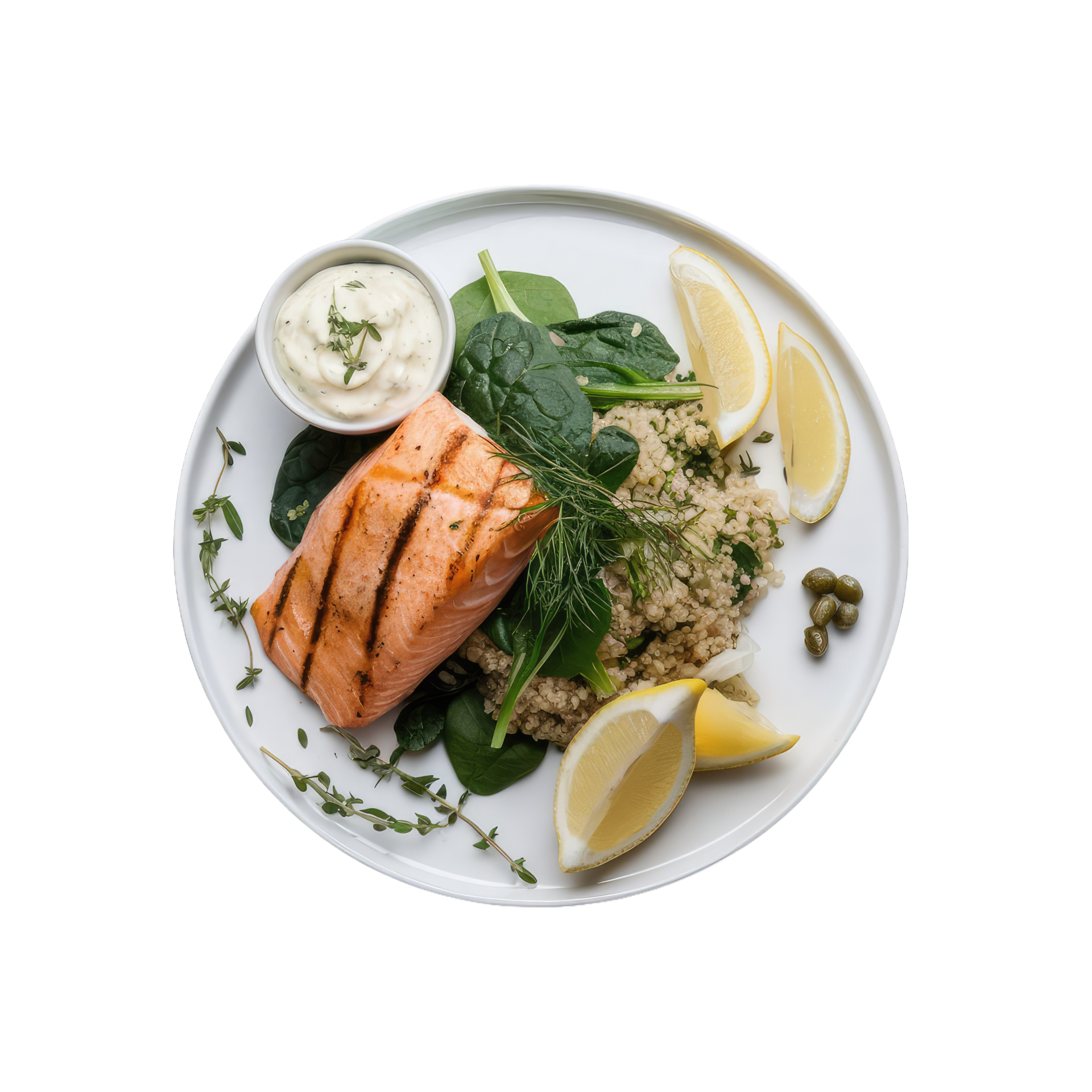 Grilled Salmon with Quinoa and Spinach on a White Plate 47561702 PNG