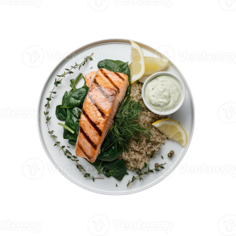 Grilled Salmon with Quinoa and Spinach on a White Plate 47561710 PNG