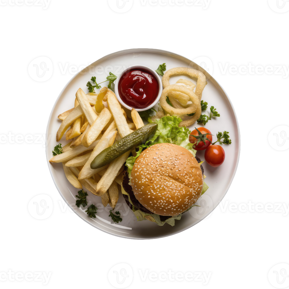 A delicious cheeseburger and french fries on a plate png