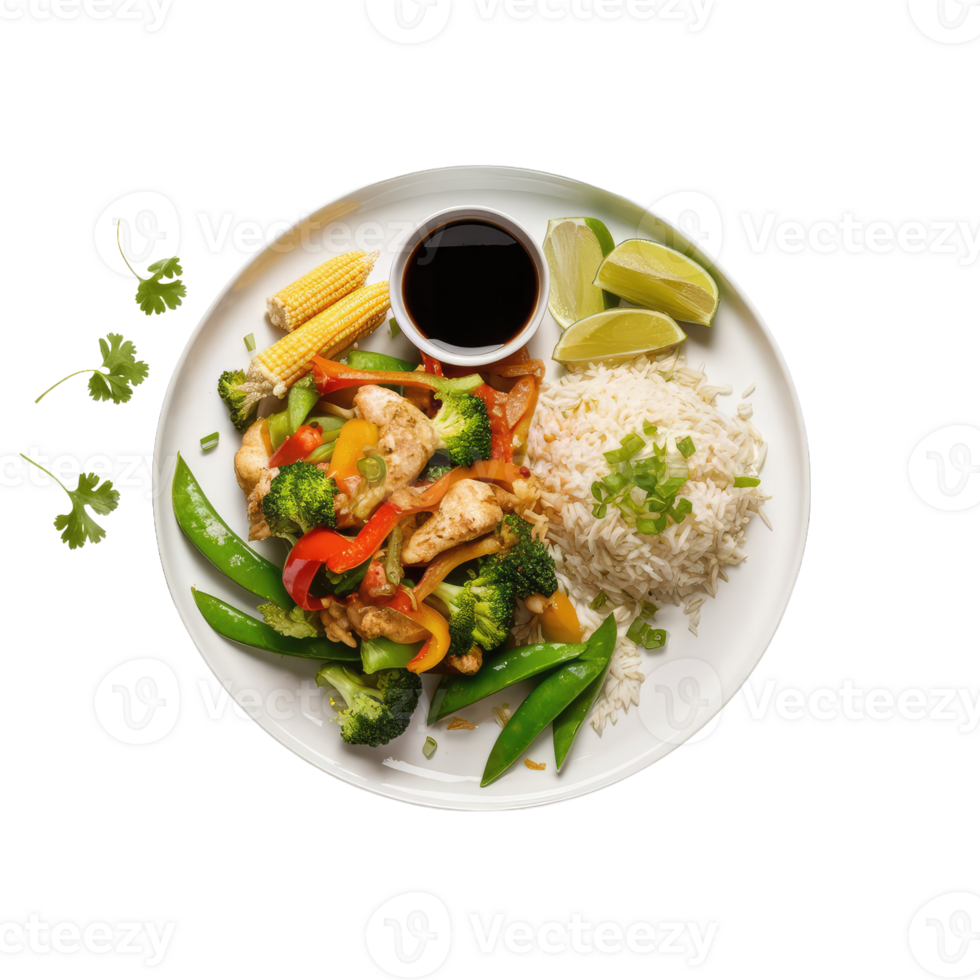 A colorful chicken stir-fry with rice png