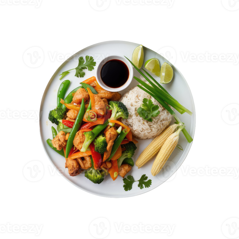 A colorful chicken stir-fry with rice png