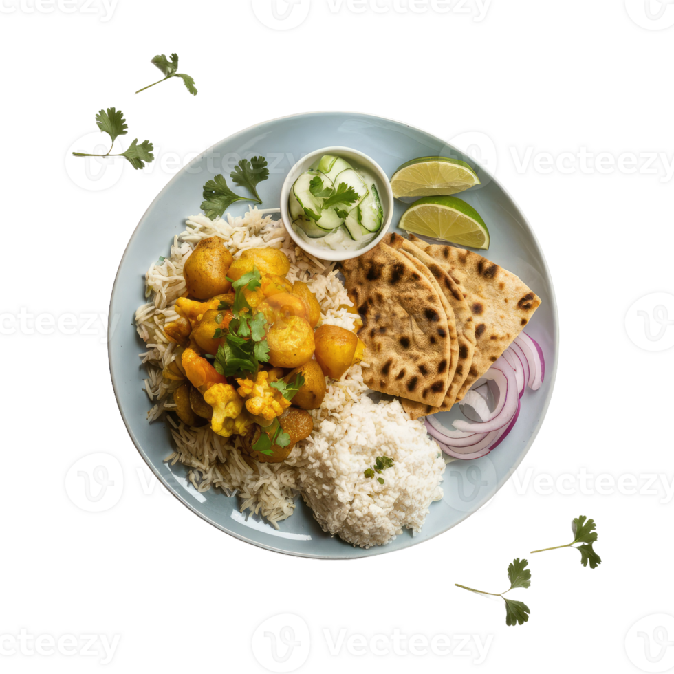 A Plate of Indian Food with Rice, Potatoes, and Bread png