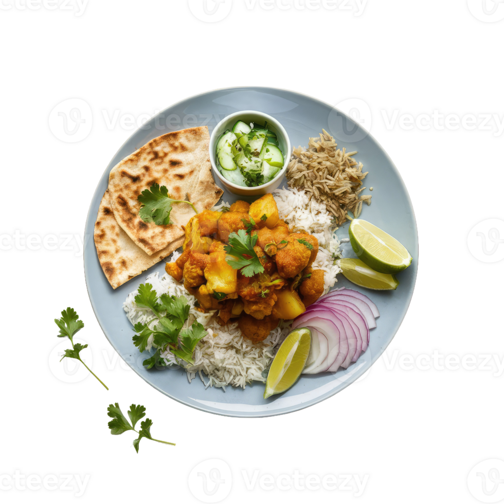 A Plate of Indian Food with Rice, Potatoes, and Bread png