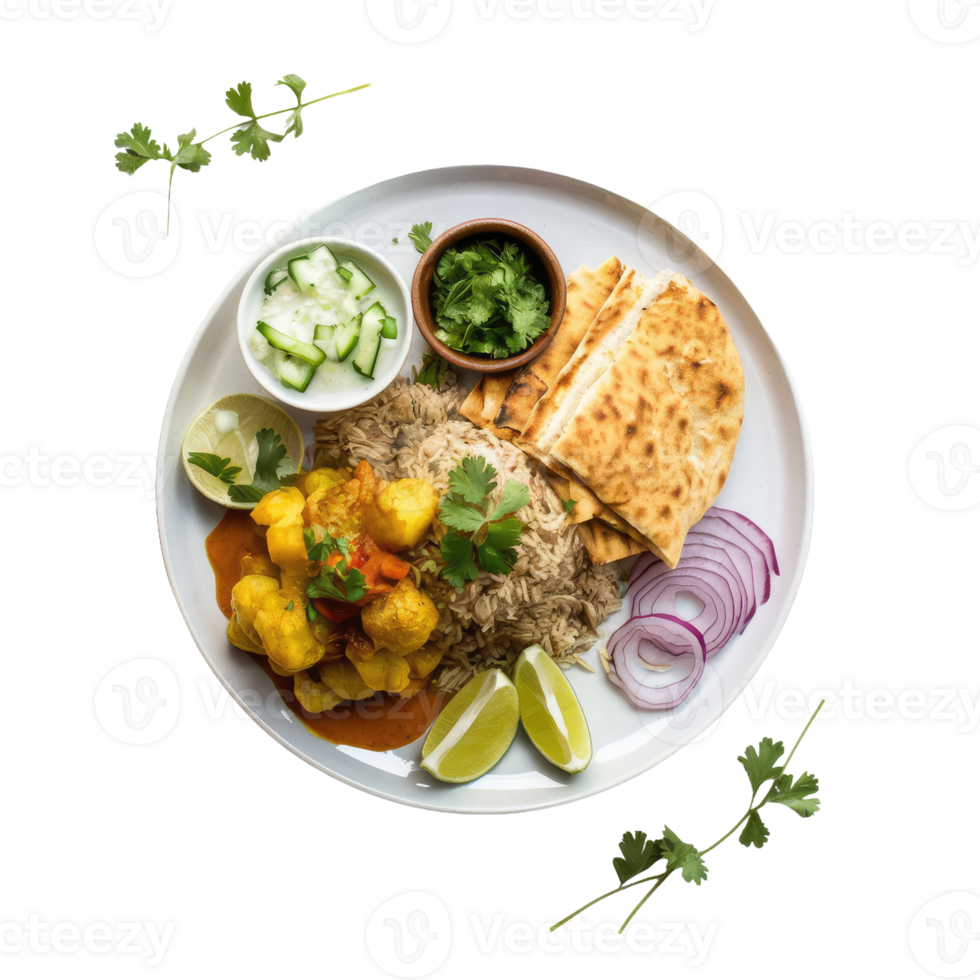 A Plate of Indian Food with Rice, Potatoes, and Bread png