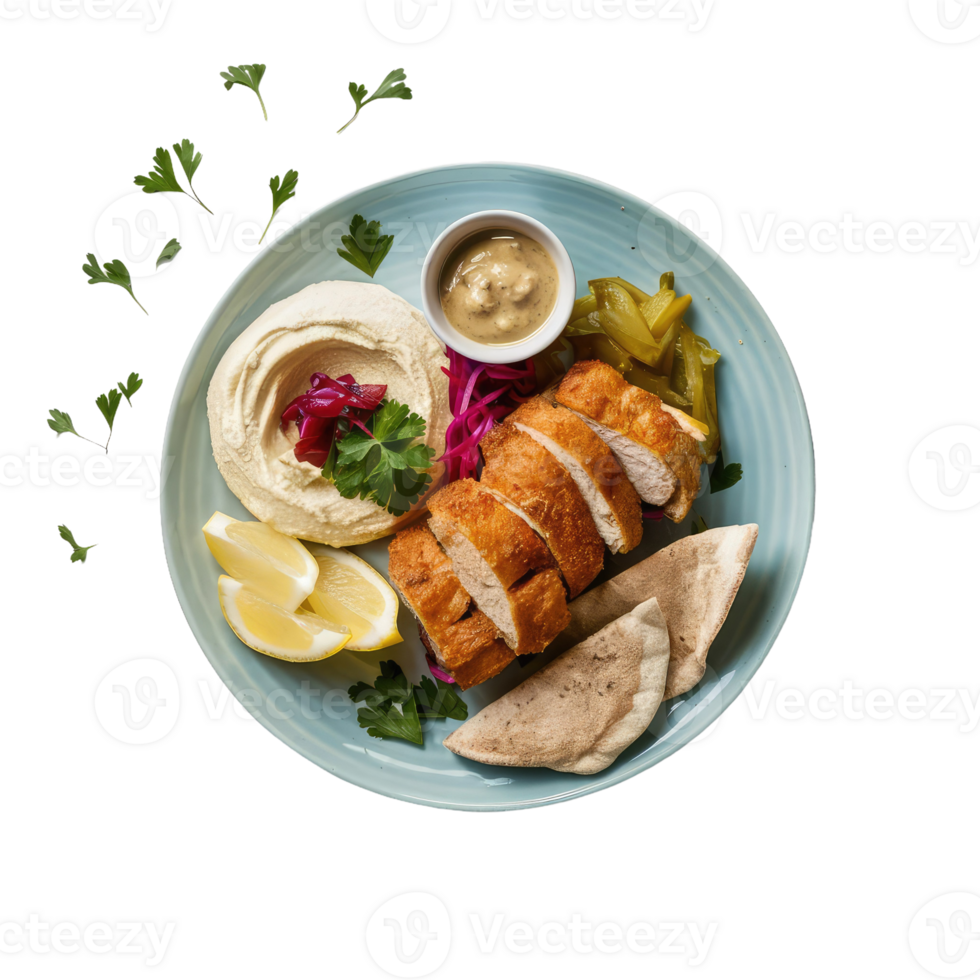 A Delicious Plate of Hummus and Chicken with Pita Bread png