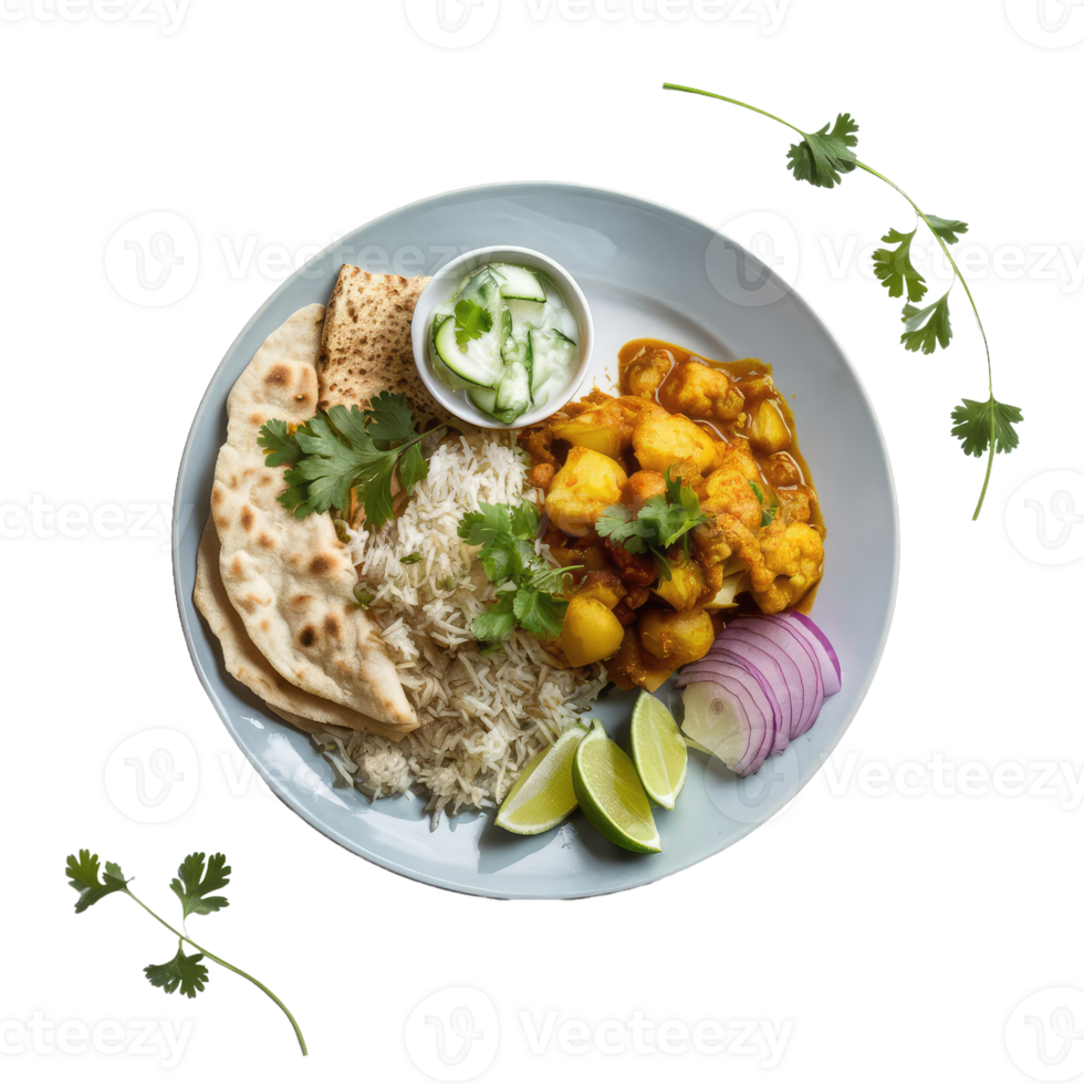 A Plate of Indian Food with Rice, Potatoes, and Bread png