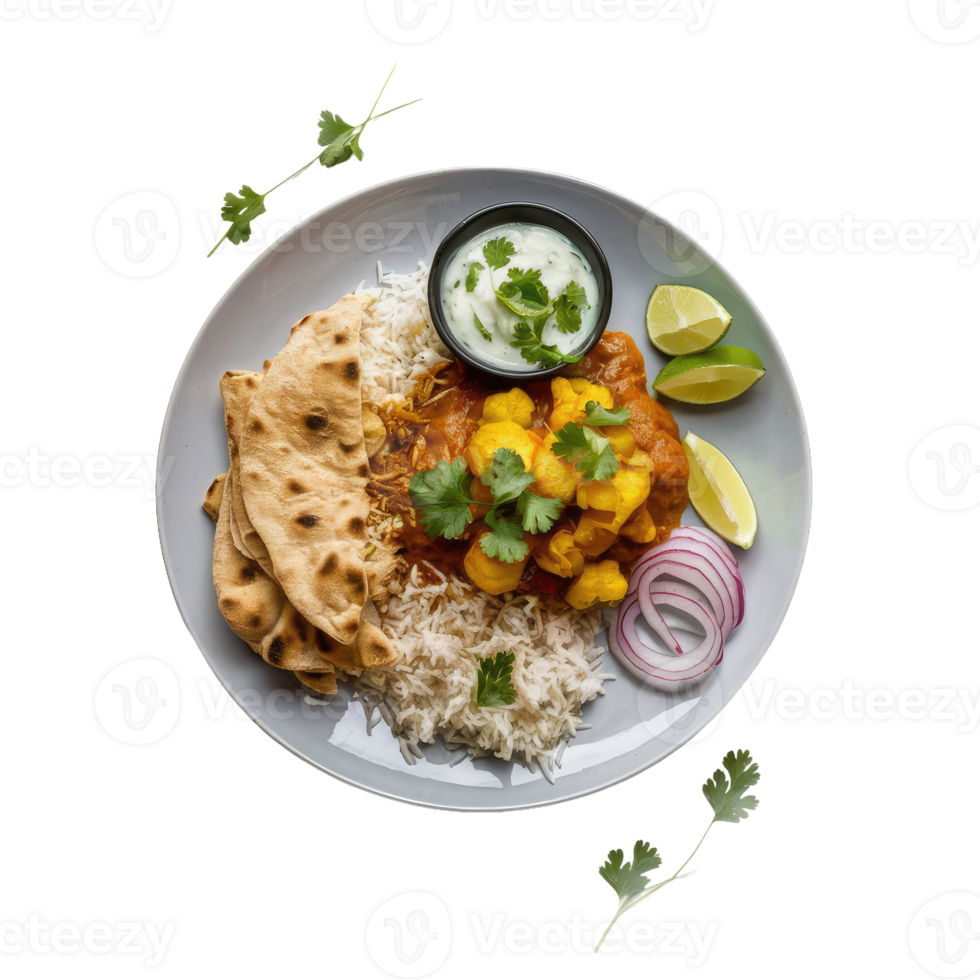 A Plate of Indian Food with Rice, Potatoes, and Bread png