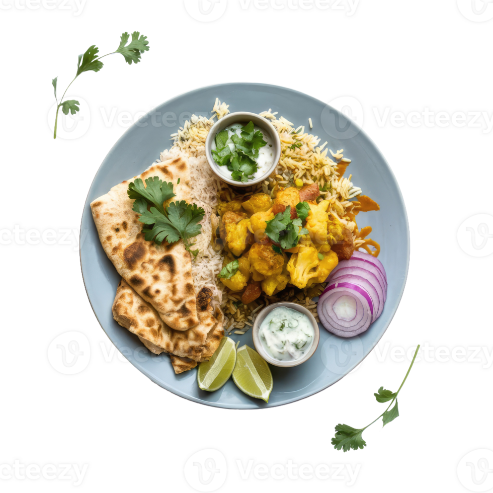 A Plate of Indian Food with Rice, Potatoes, and Bread png