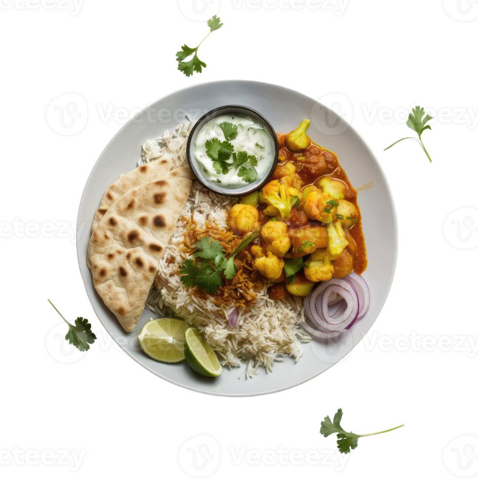 A Plate of Indian Food with Rice, Potatoes, and Bread png