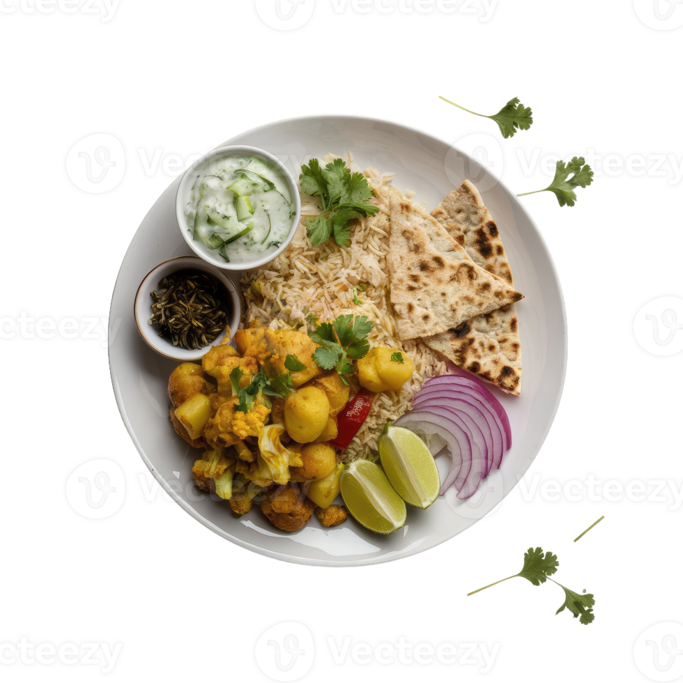 A Plate of Indian Food with Rice, Potatoes, and Bread png