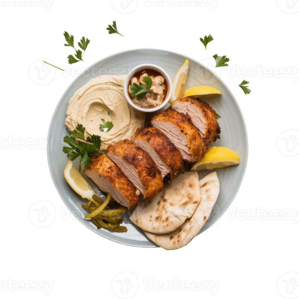 A Delicious Plate of Hummus and Chicken with Pita Bread png