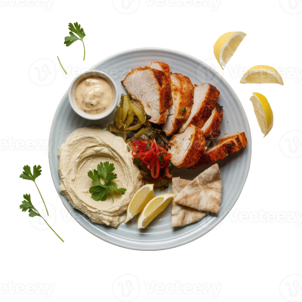 A Delicious Plate of Hummus and Chicken with Pita Bread png