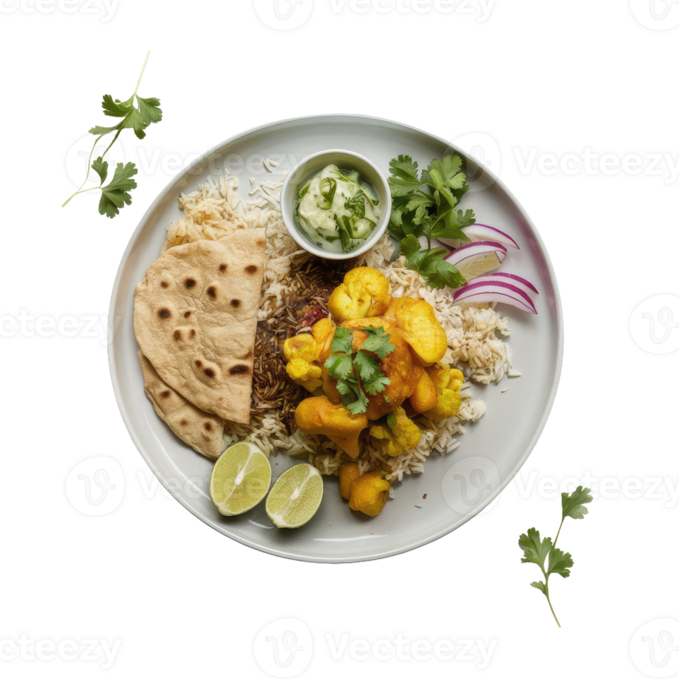 A Plate of Indian Food with Rice, Potatoes, and Bread png