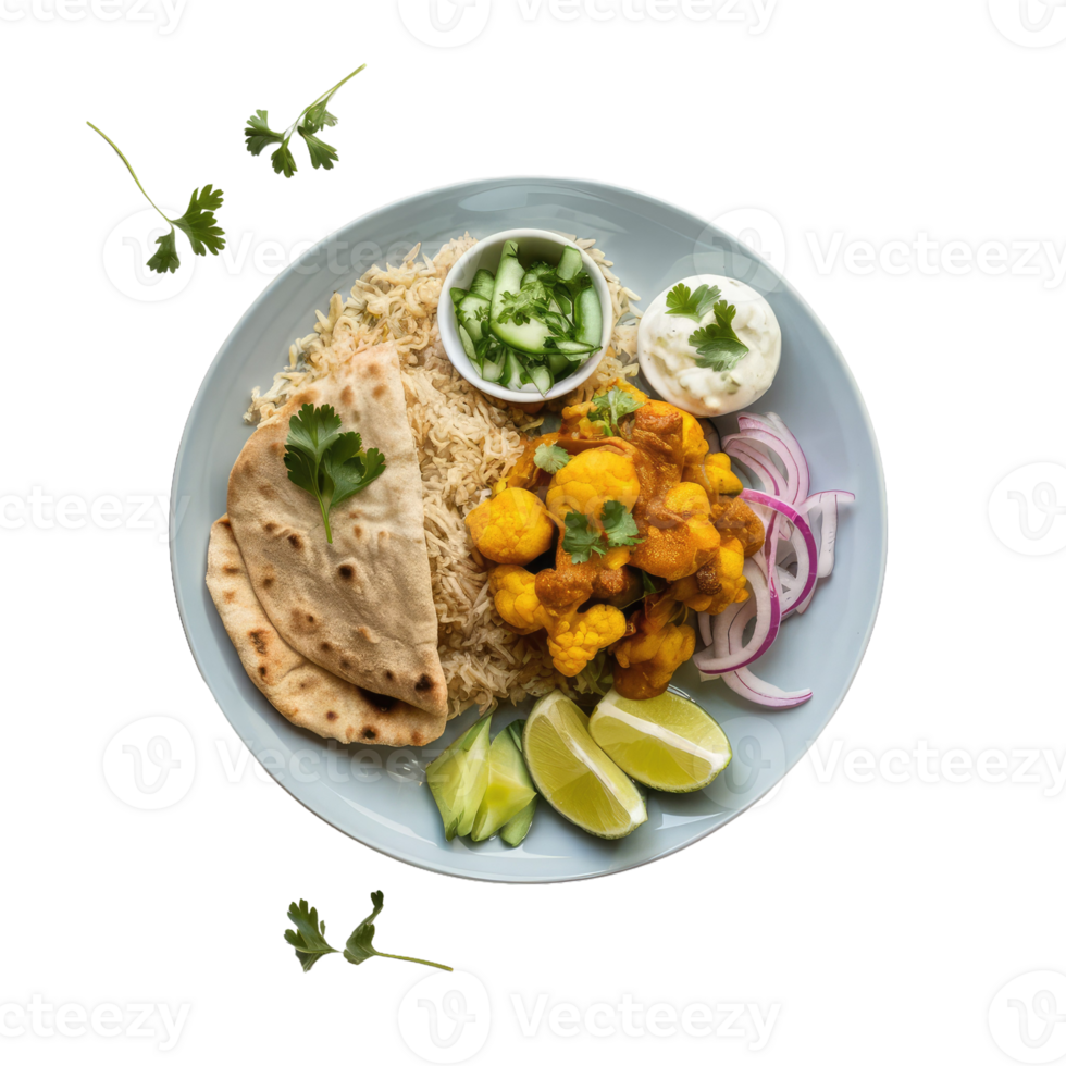 A Plate of Indian Food with Rice, Potatoes, and Bread png