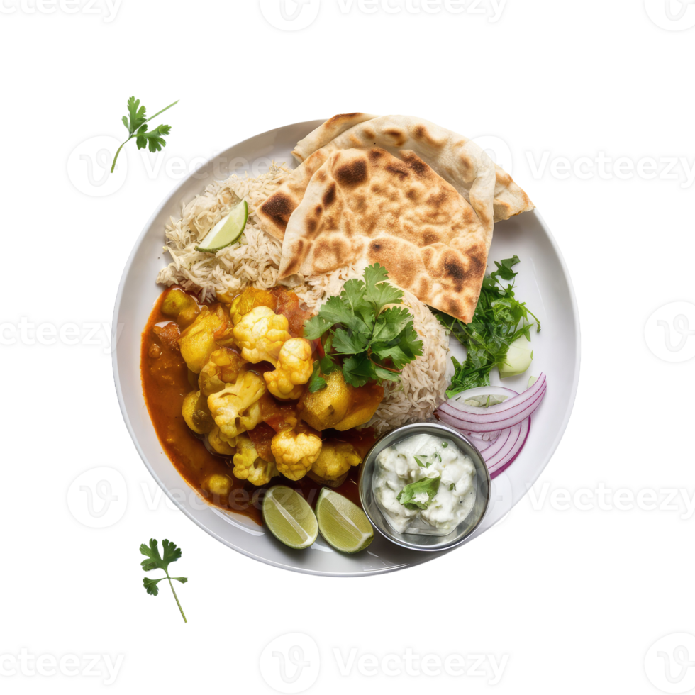 A Plate of Indian Food with Rice, Potatoes, and Bread png