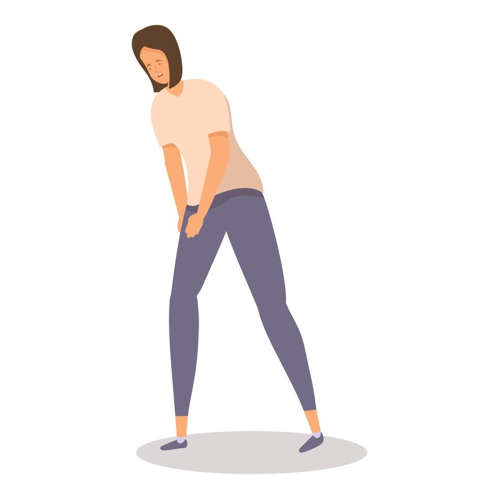 Young woman is bending over in pain, holding her lower abdomen vector