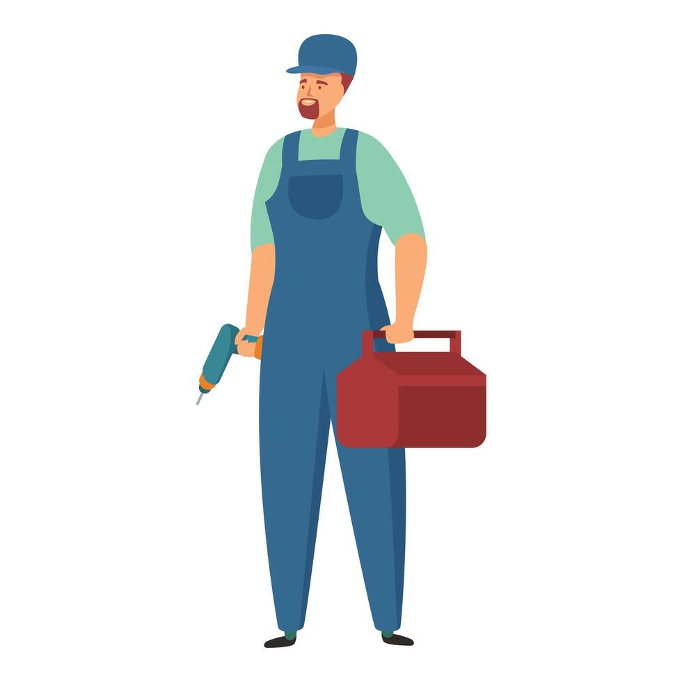 Handyman holding electric drill and toolbox is ready for work vector