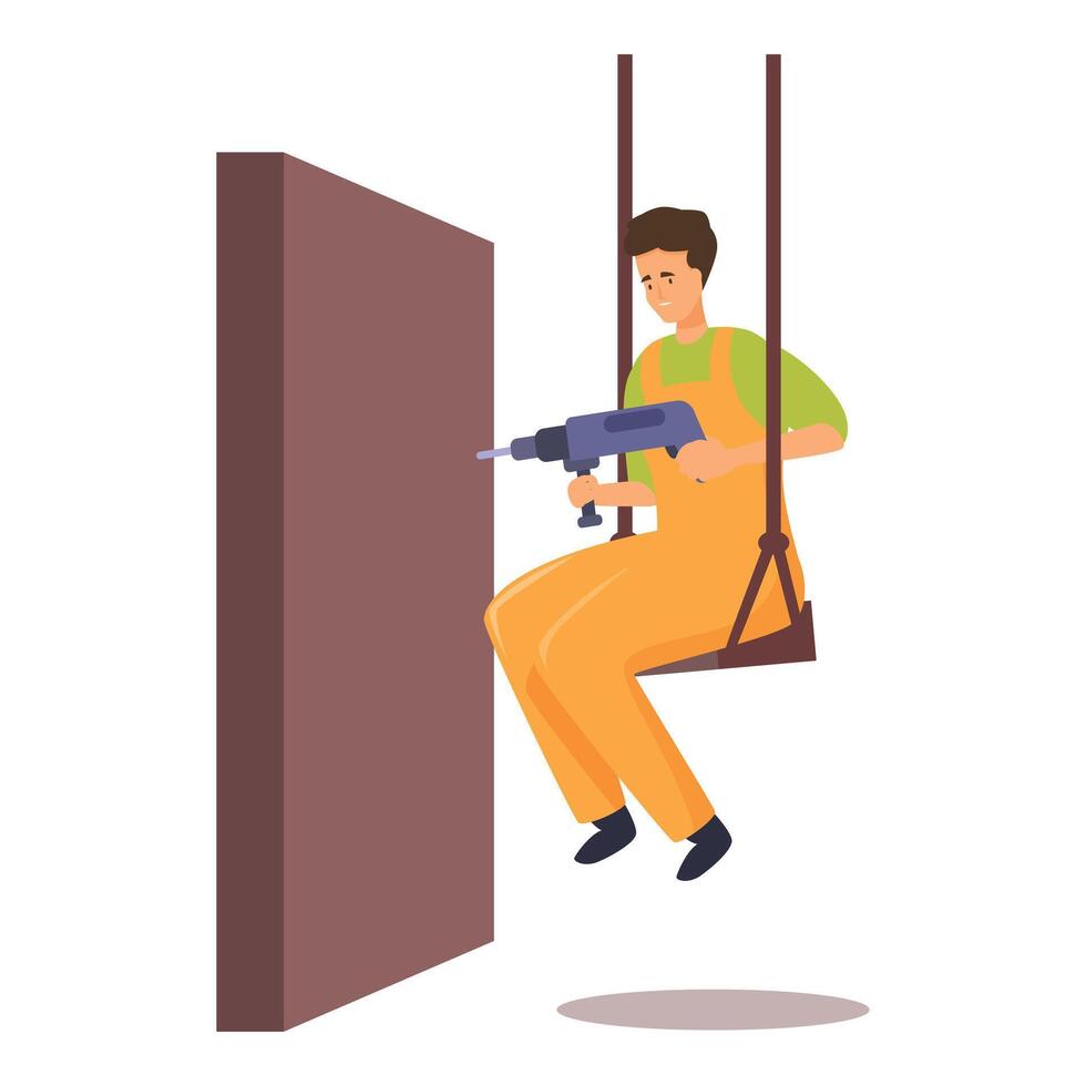 Construction worker using electric drill while sitting on swing for drilling wall vector