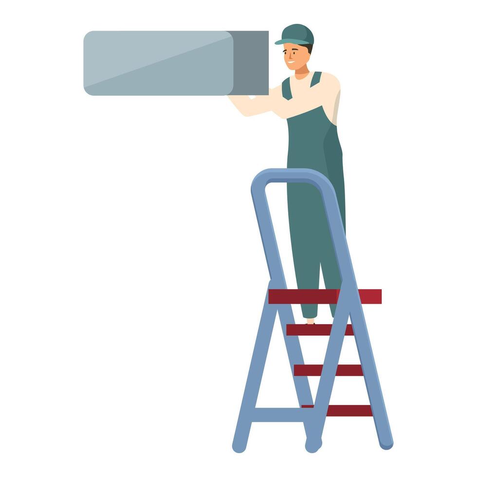 Construction worker installing air conditioning using ladder vector
