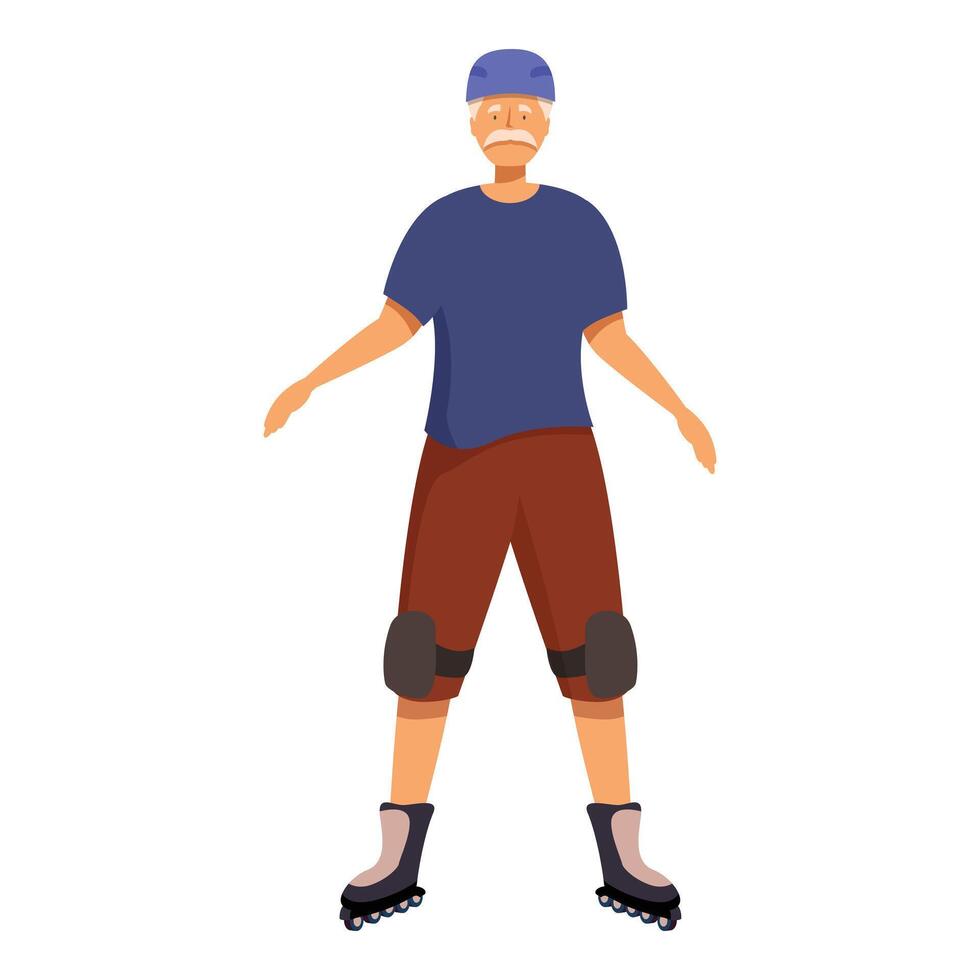 Senior man wearing helmet and knee pads is standing on roller skates vector