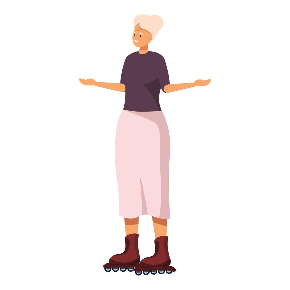 Senior woman wearing roller skates maintaining balance with open arms vector