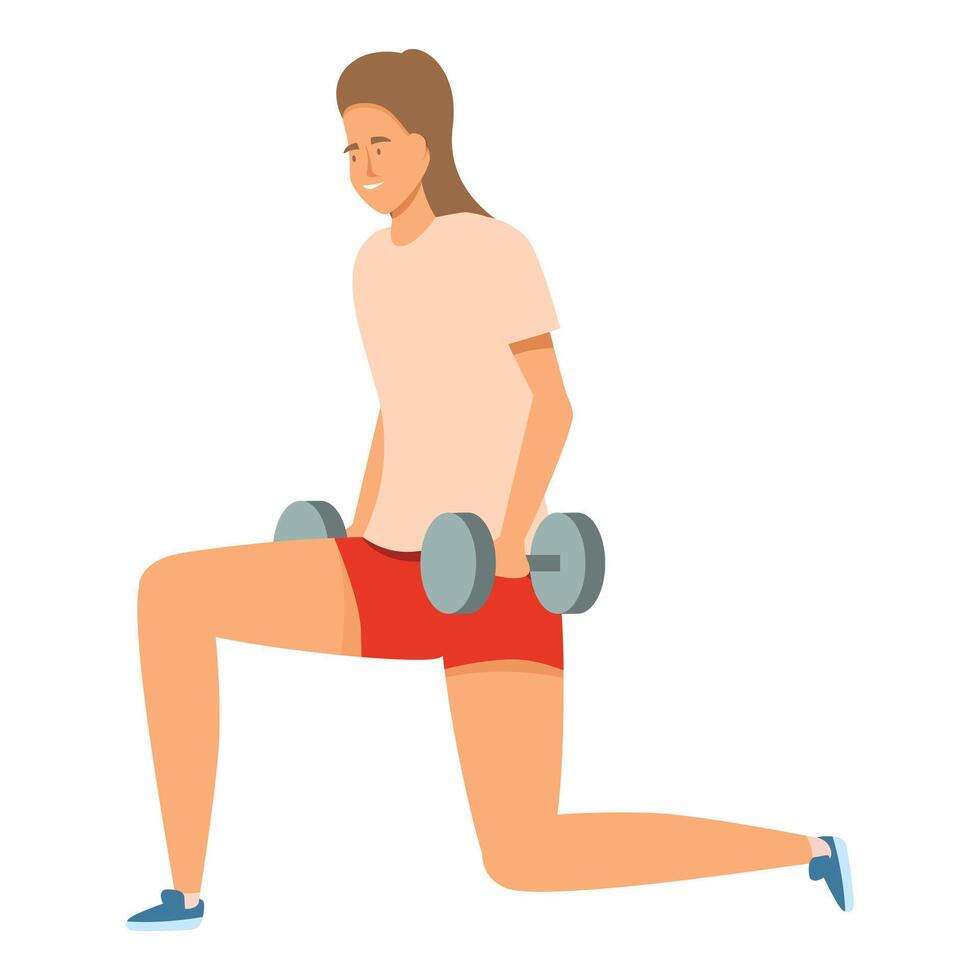 Young woman doing lunges with dumbbells during fitness training vector