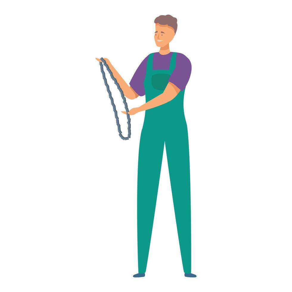 Service man holding chainsaw chain for sharpening or replacement vector