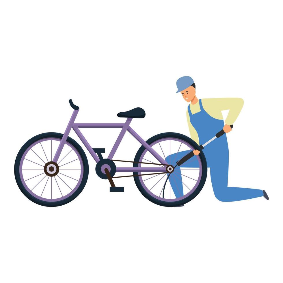 Bicycle mechanic inflating tire with hand pump in workshop vector