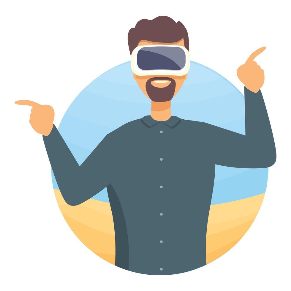 Smiling man wearing vr headset pointing with his index fingers in different directions vector