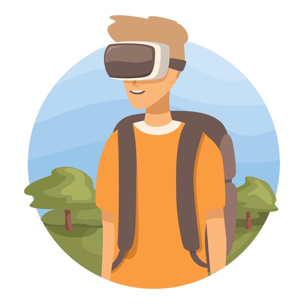 Young man experiencing virtual travel using vr headset vector