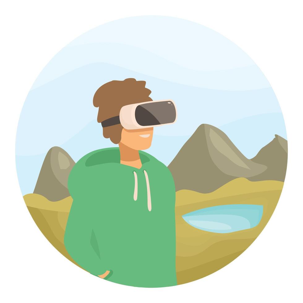 Man exploring virtual nature wearing vr glasses headset vector