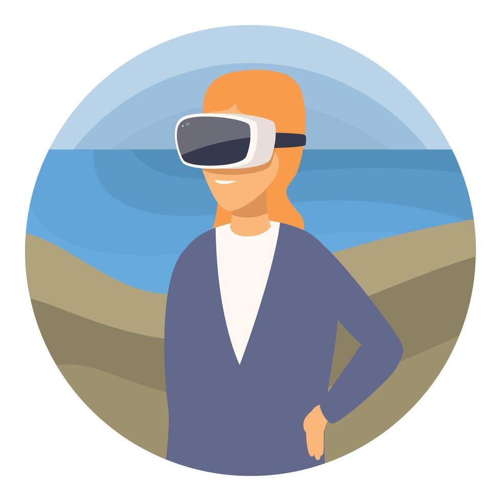 Woman wearing vr headset enjoying virtual reality experience on the beach vector