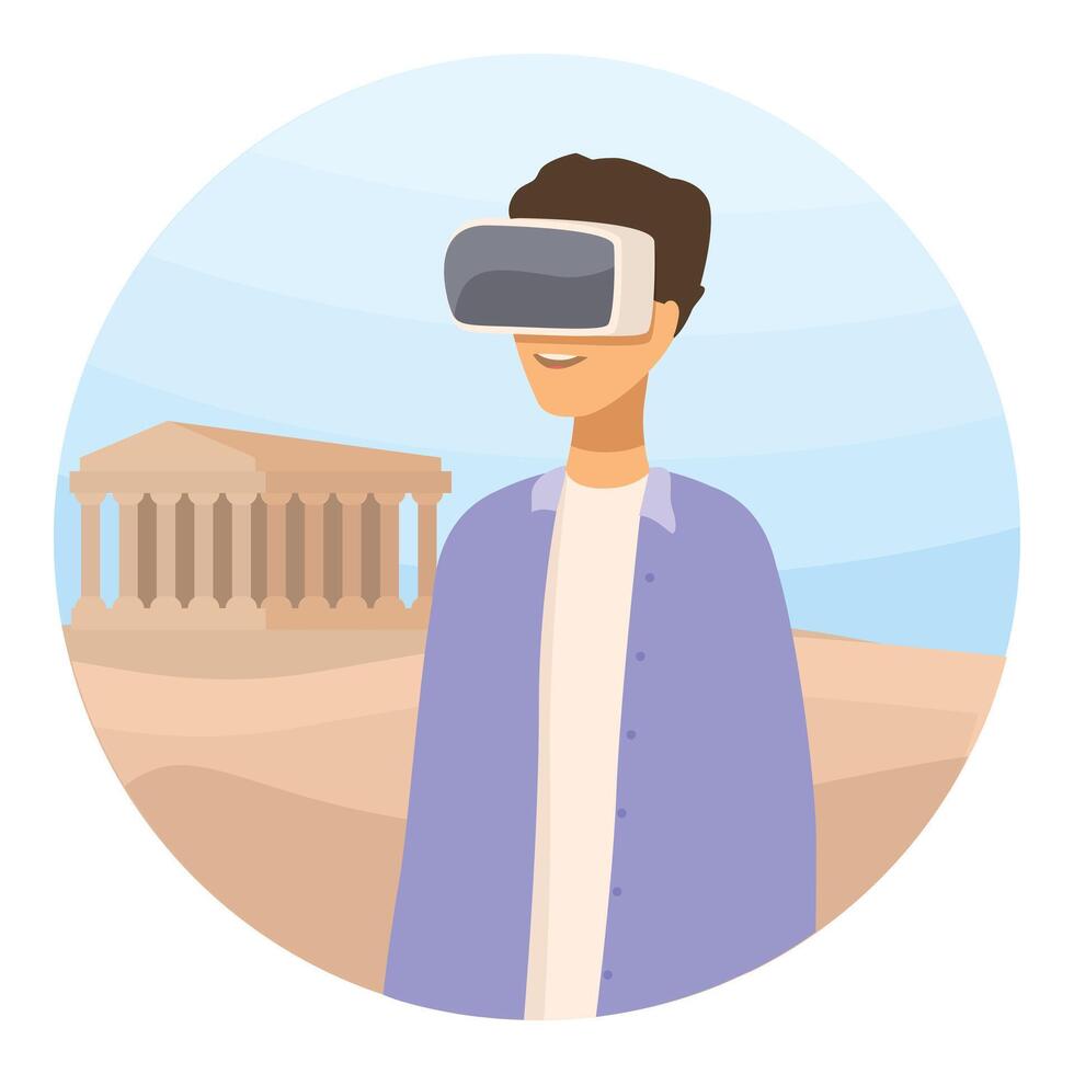 Tourist discovering ancient temple wearing virtual reality headset vector