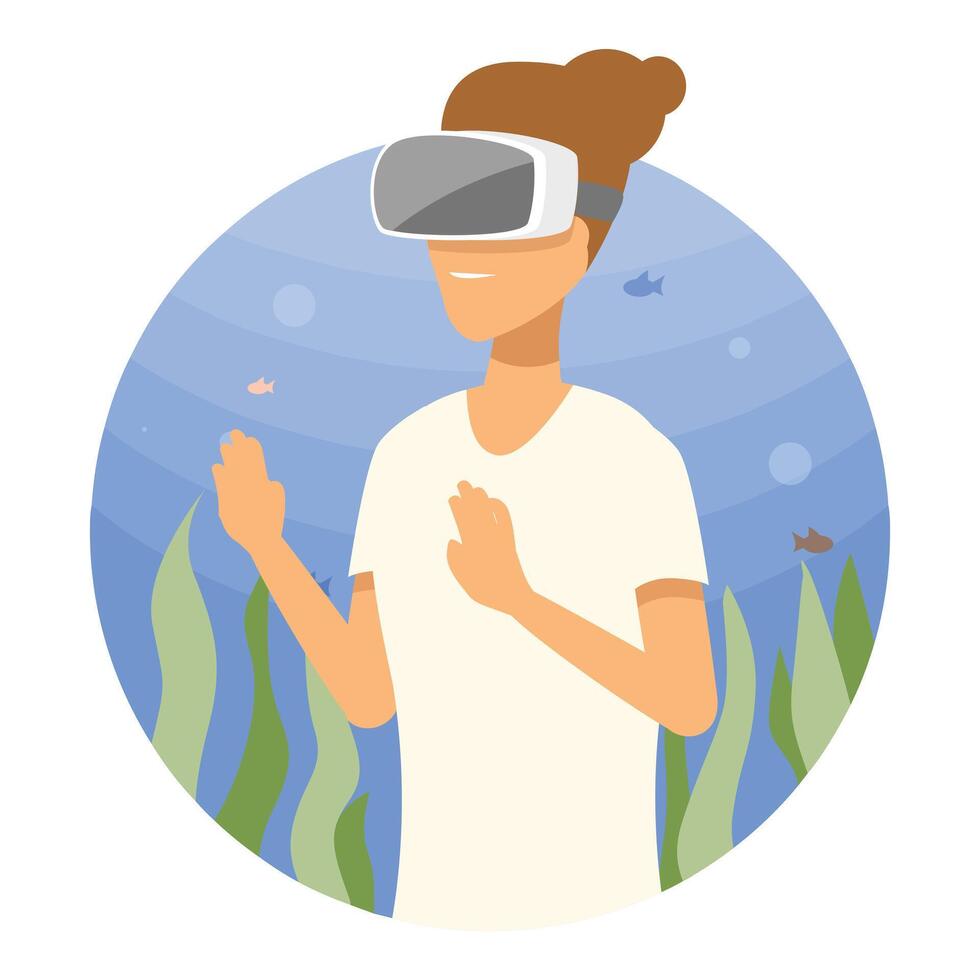 Woman wearing vr headset exploring underwater world, virtual reality