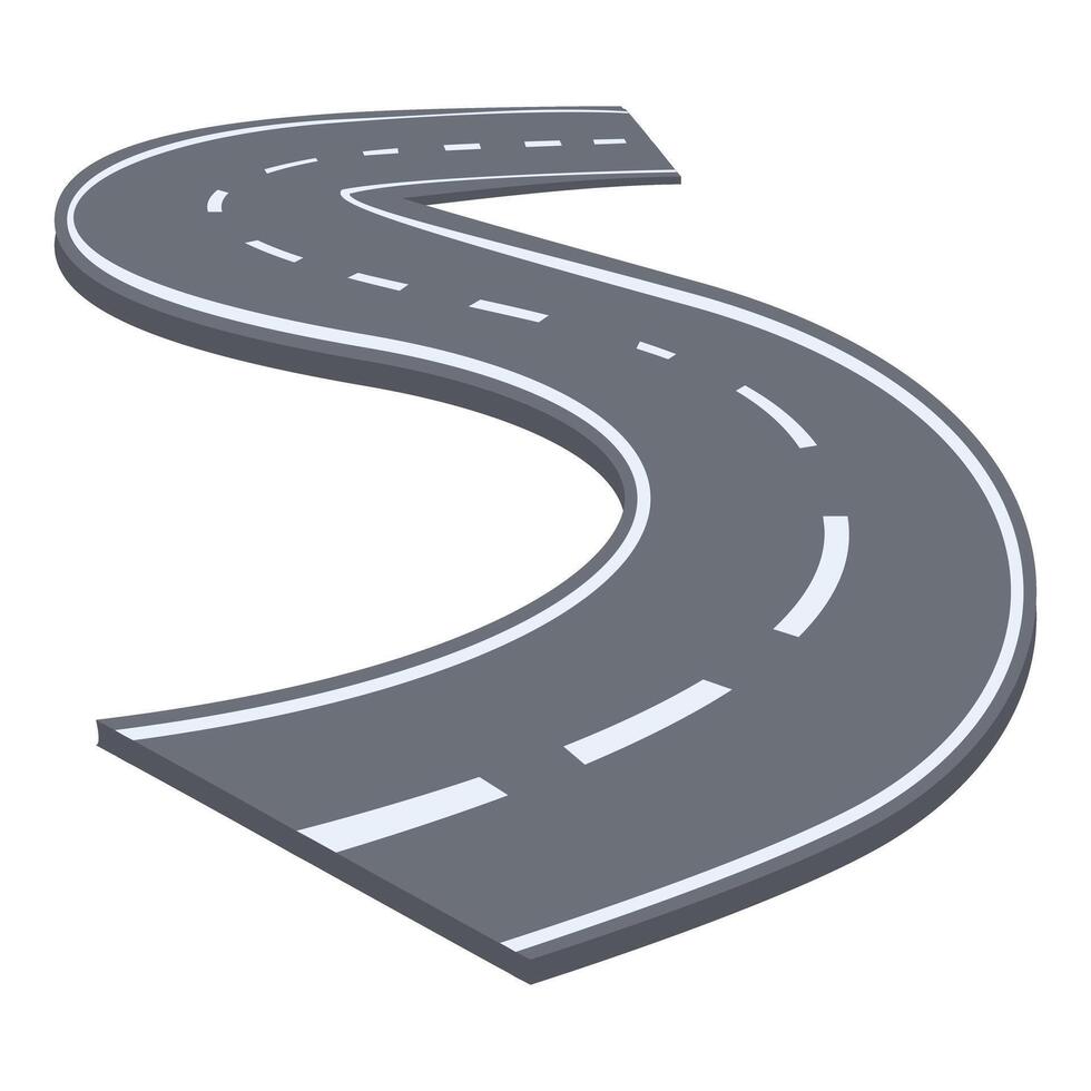 Winding road curving through space in isometric projection vector