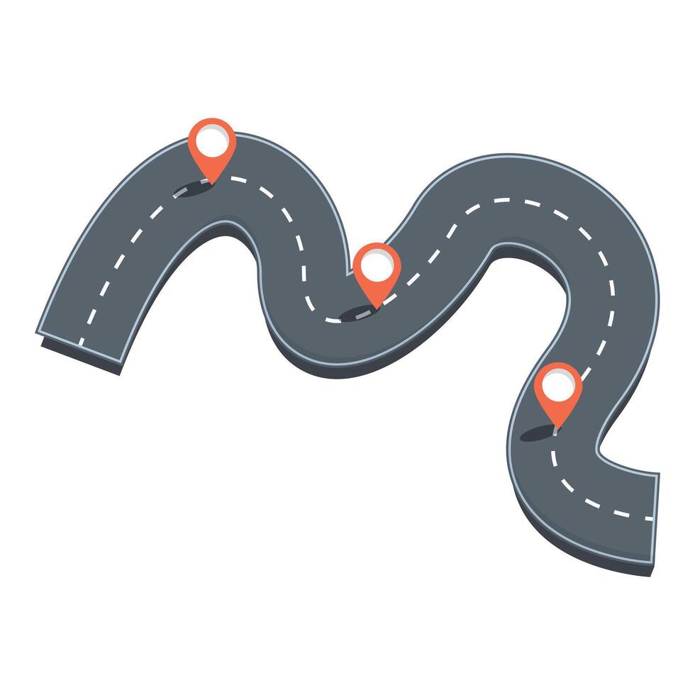 Winding road with location markers showing route vector