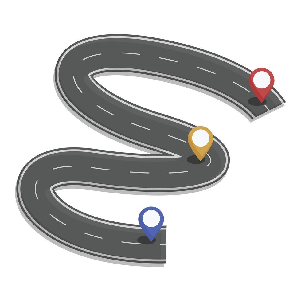Winding road leading to different destinations with location pins vector