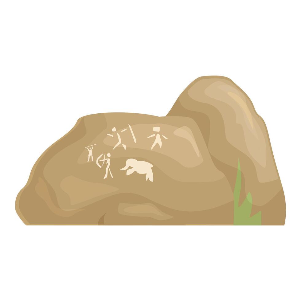 Big brown rock showing ancient cave paintings depicting hunting scene vector