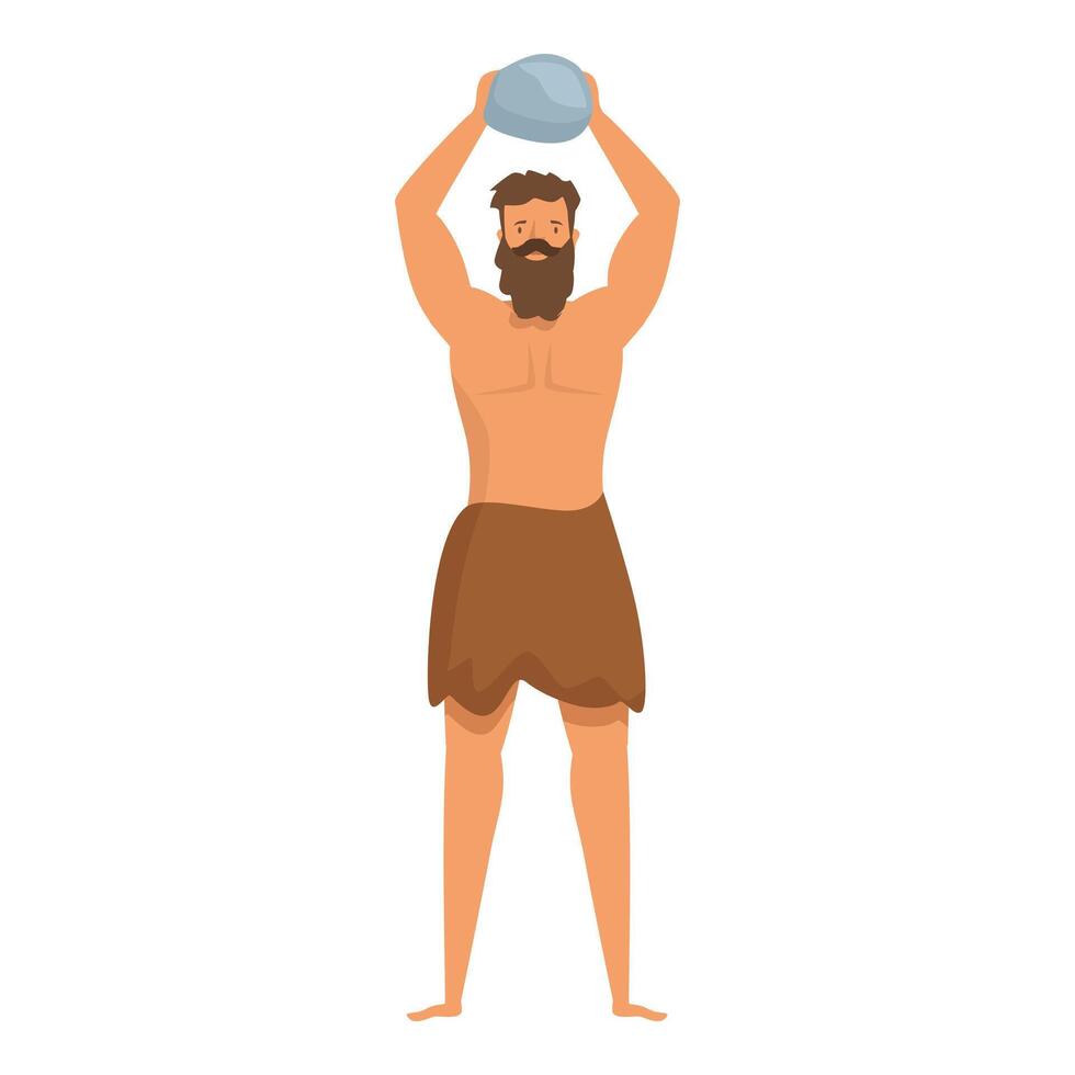 Primitive caveman wearing loincloth lifting rock over head vector