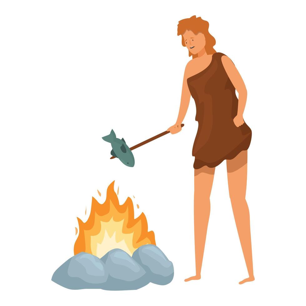 Primitive woman cooking fish on bonfire using stick, stone age life vector