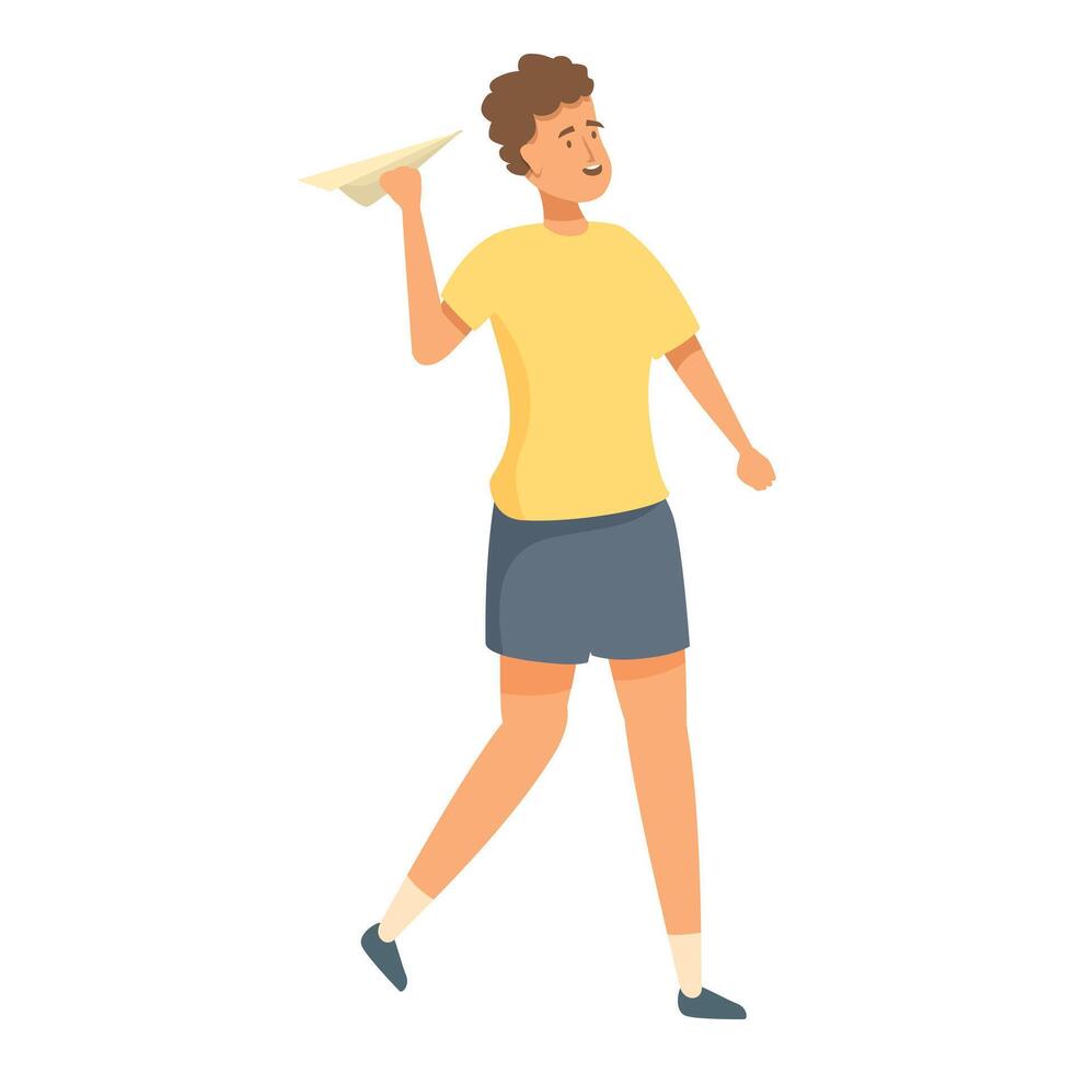 Young boy playing and having fun launching a paper airplane vector