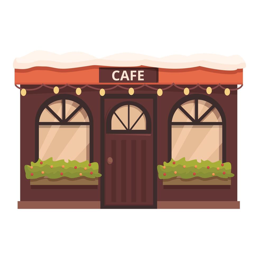Cozy cafe building with christmas lights and snow on roof vector